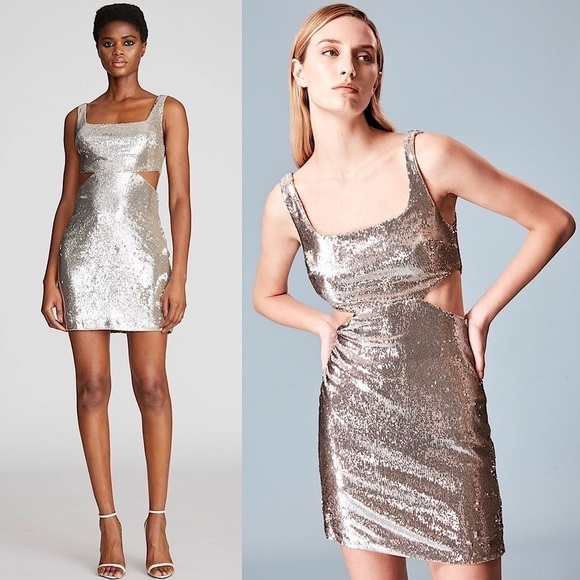 NWT HALSTON 70s Sequin Waist Cutout Square Neck Sleeveless Disco Mini Dress 4 - Picture 1 of 9